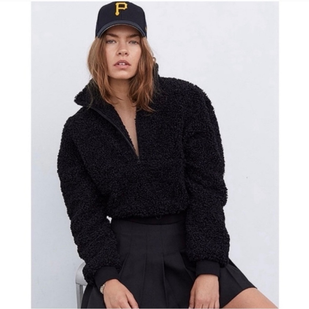 For Love & Lemons Black Sherpa Teddy Half Zip Pullover  Jacket Sweatshirt | XXS
